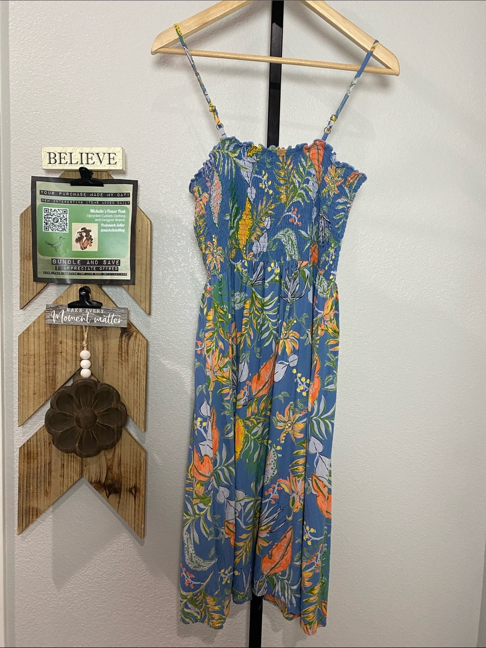 Angie Blue Floral Smocked Sundress with Multicolor Accents 14-22”ptp 32”L - Picture 3 of 3